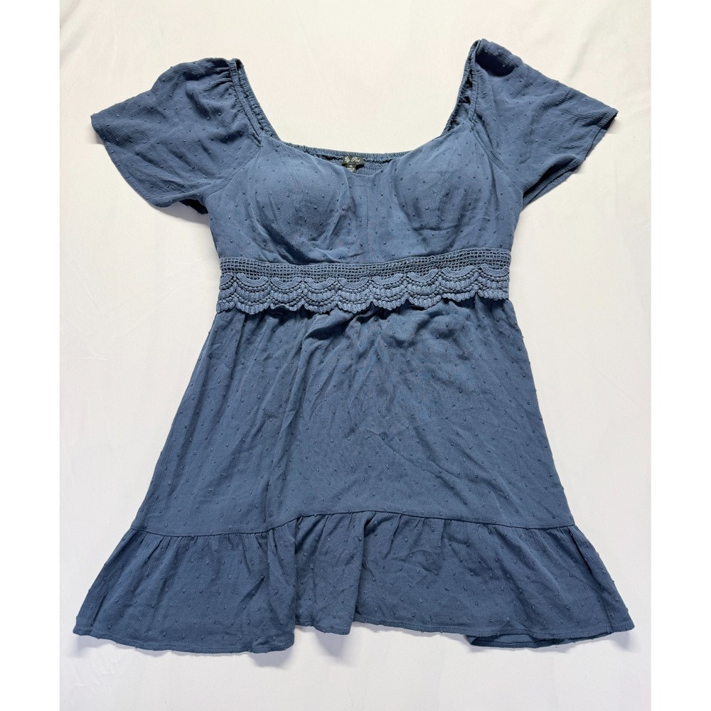Lily Rose Skater‎ Dress Womens S Blue Rayon Crochet Trim Smocked Back Tiered Hem